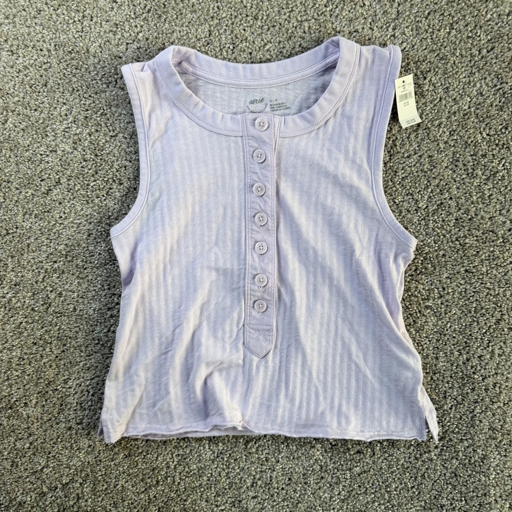 Aerie Tank Top Womens XS Purple Ribbed Henley Button Sleeveless Basic Casual